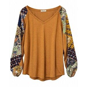 Beyove Womens XL Boho Top Brown Paisley Patchwork Long Sleeve V Neck Blouse